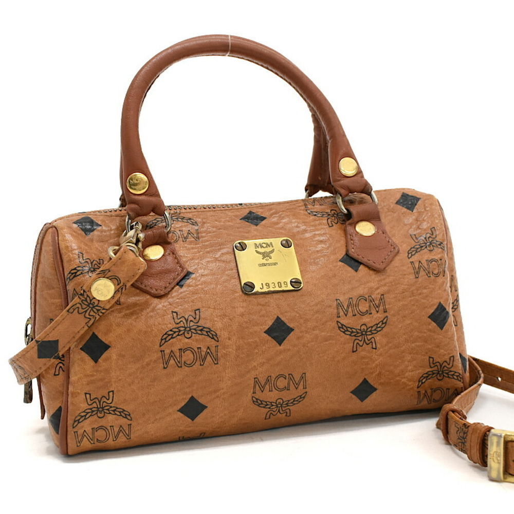 MCM Boston Bag Visetos Canvas Leather Cognac Brown